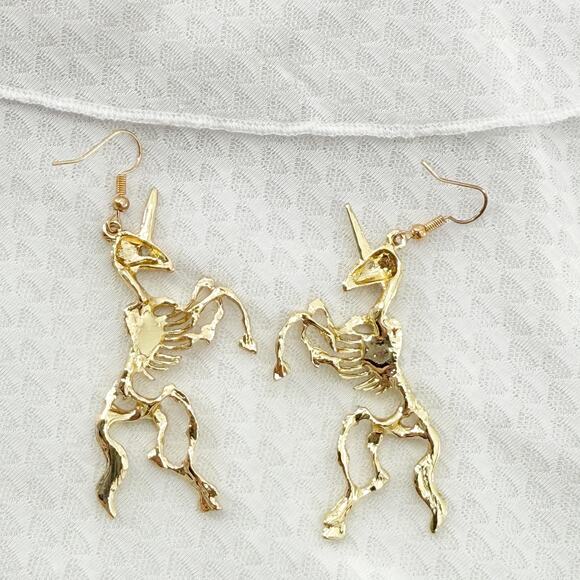 Gold Unicorn Skeleton Earrings, Magical Pony Jewelry, Gothic Jewelry - Picture 2 of 3